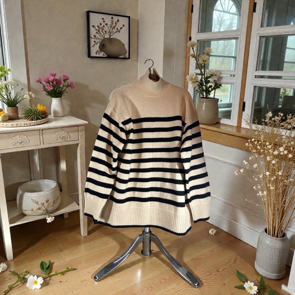 H&M Women Oversized Cream Striped Knit Turtleneck Pullover Sz L Cozy New $109.99